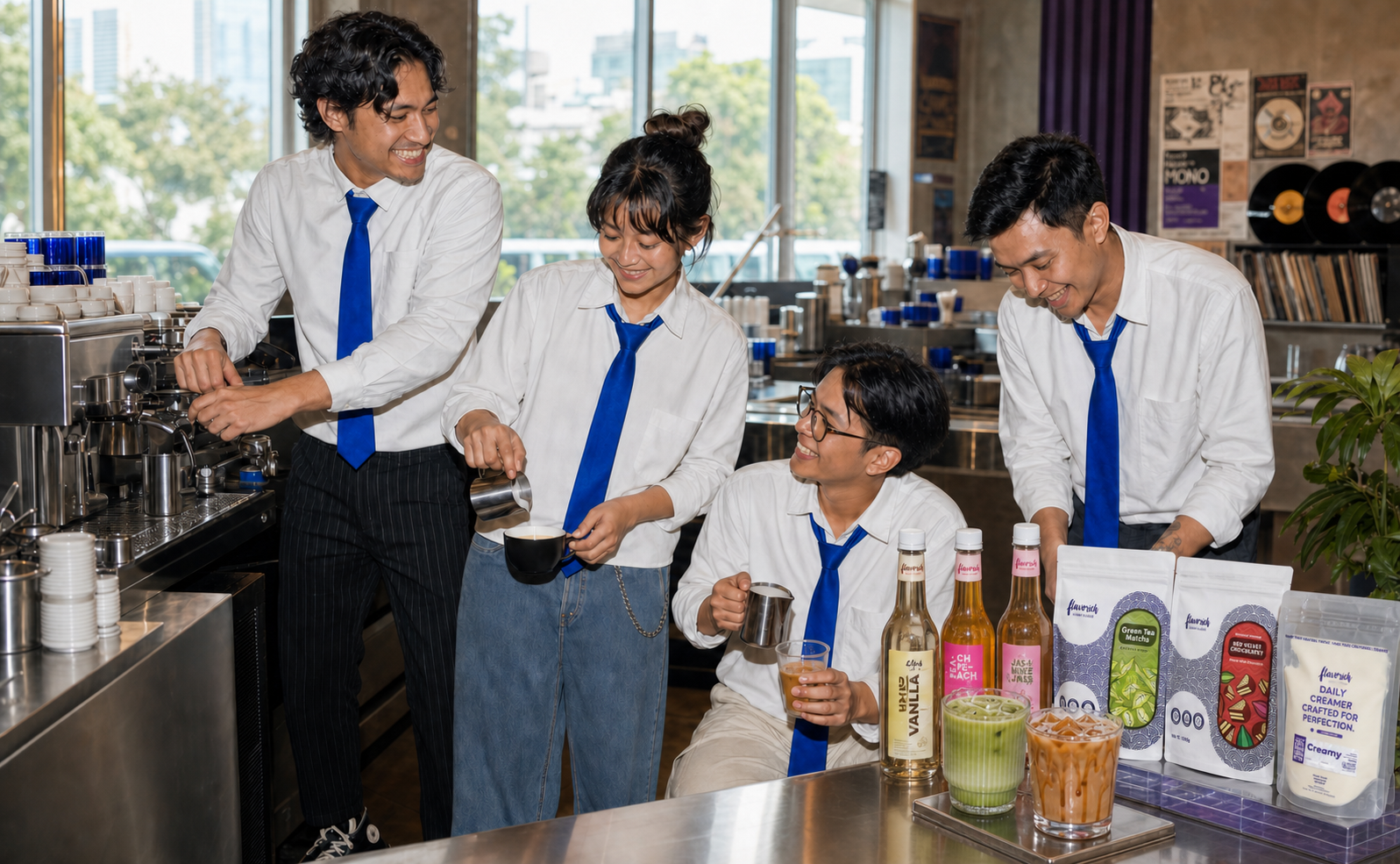 Kru coffee shop meracik minuman bersama produk Flavorich