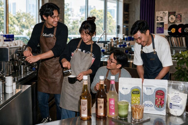 Peserta workshop barista menguji resep di station kerja